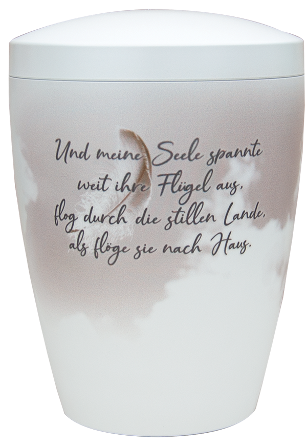 Und Meine Seele Spannte Weit Ihre Flügel Aus Bio-Urne in mattem weiss mit Spruch - Und meine Seele spannte weit ihre