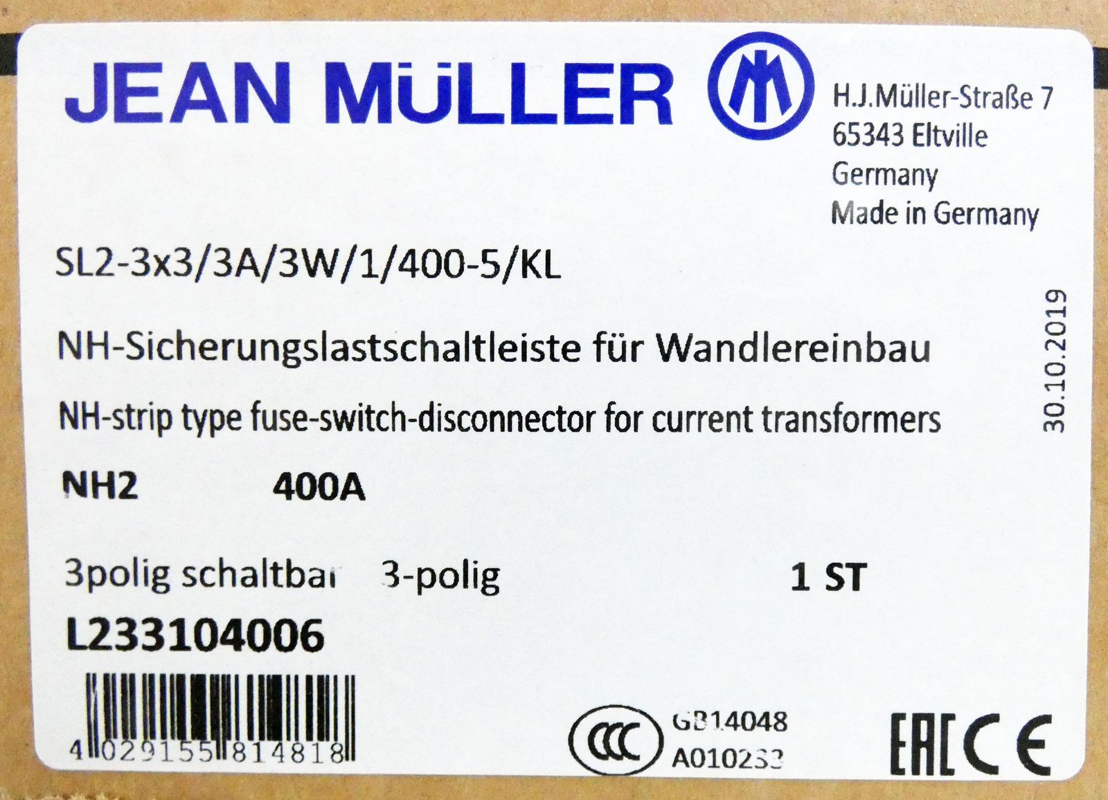 Jean Müller SL2-3x3/3A/3W/1/400-5/KL L233104006 NH2 400A 3-Pol  