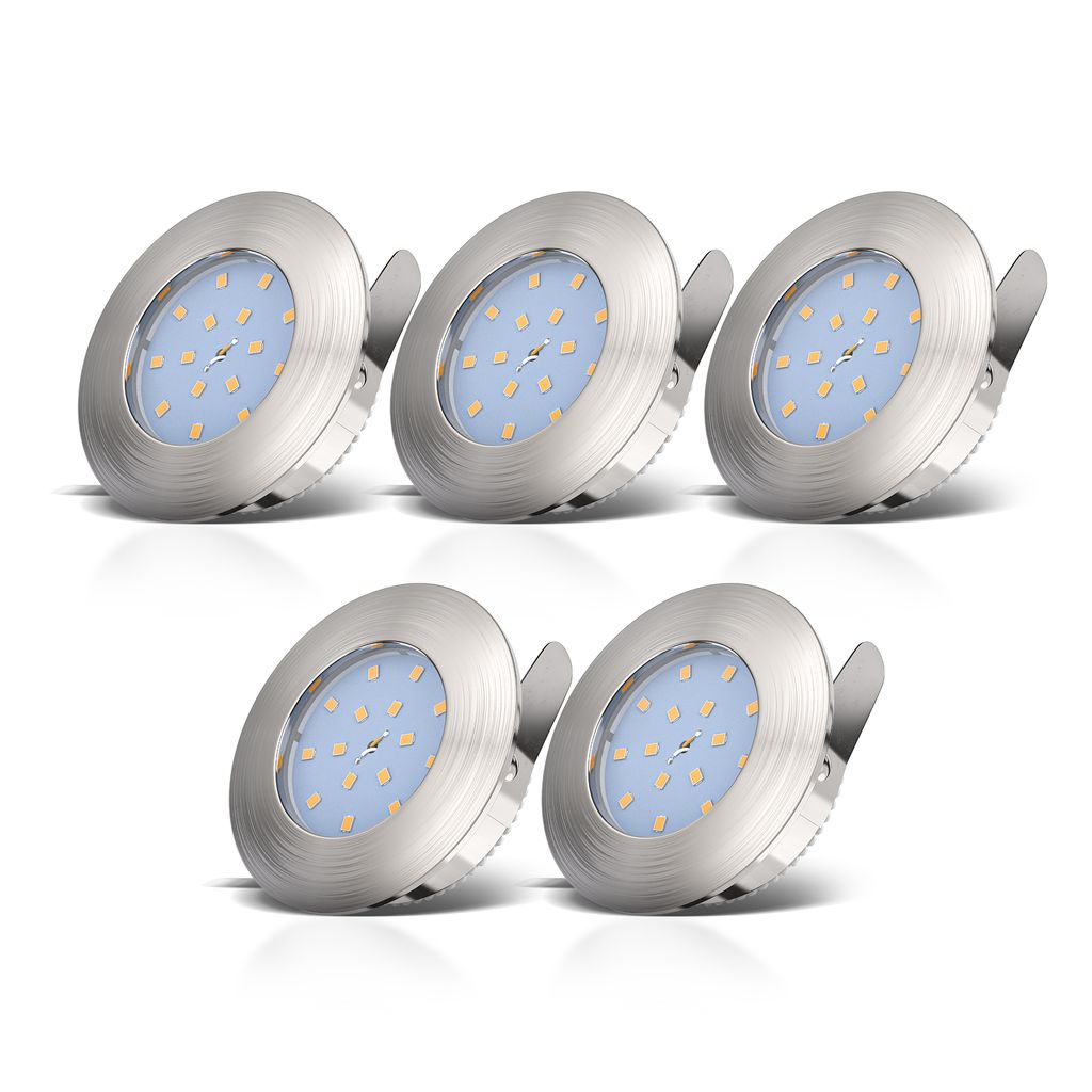Einbauspot 5er Set 60mm Lochmaß - 230V, 5,5W, 470lm, LED, dimmbar, IP44, warmweiß, matt-nickel