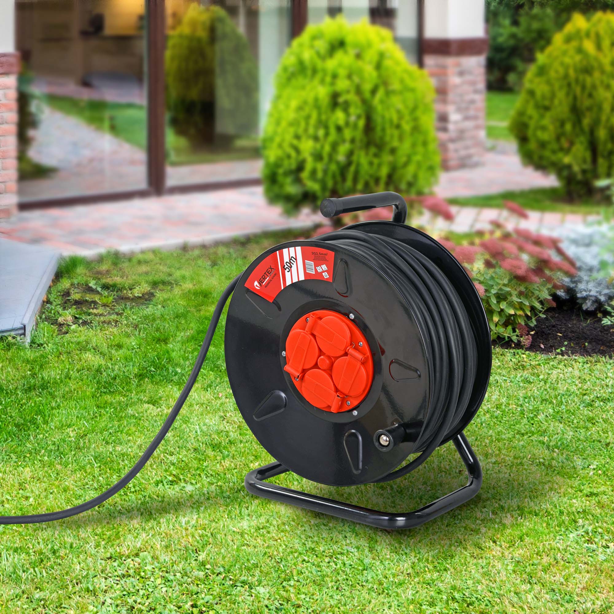 VERTEX Cable Drum PB50METAL, IP44, SCHUKO Earthing 4 Sockets  