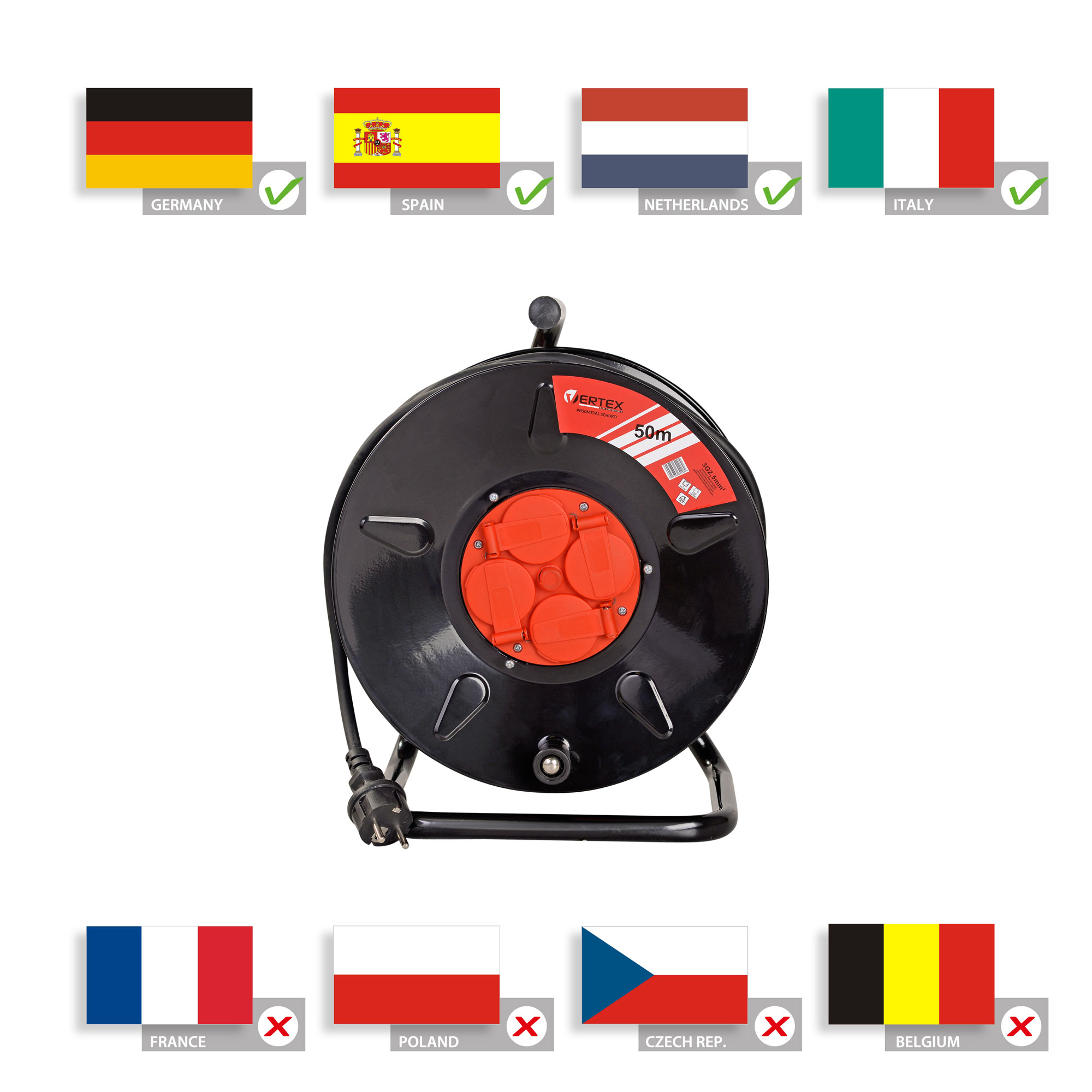 VERTEX Cable Drum PB50METAL, IP44, SCHUKO Earthing 4 Sockets  