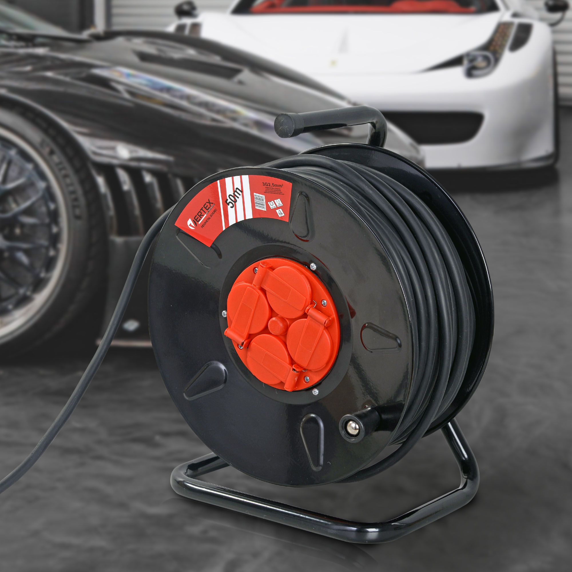 VERTEX Cable Drum PB50METAL, IP44, SCHUKO Earthing 4 Sockets  