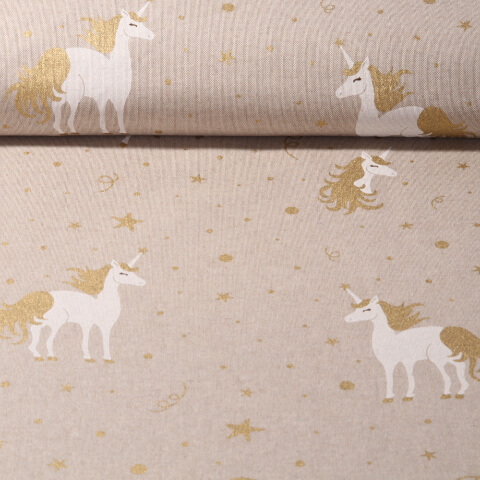 Canevas à motifs - Aspect lin Licorne Paillettes Doré Beige Multicolore