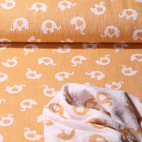 Mousseline en coton - Jacquard double face éléphant jaune blanc