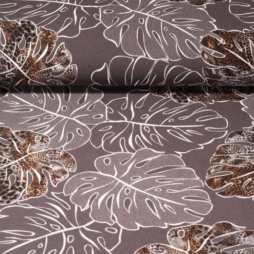 Tissu Crêpe Georgette - imprimé feuilles - gris