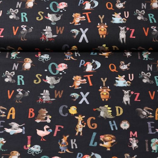 Baumwolle Popeline - Digitaldruck Tierisches Alphabet Schwarz