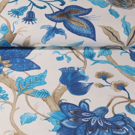 Tissu extérieur - Fleurs fantaisies Ecru Bleu Enduit de Téflon