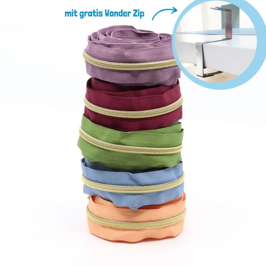 GOLD 3m Metallisierte Reißverschlüsse 6,5mm - 5er Set SOFT PASTELL