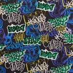 Letní teplákovina - French Terry graffiti fóliový tisk černý multicolor smyčková struktura Letní teplákovina - French Terry graffiti fóliový tisk černý multicolor smyčková struktura