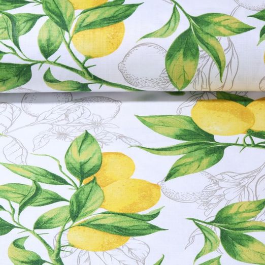 Toile enduite - Effet lin Citrons Blanc