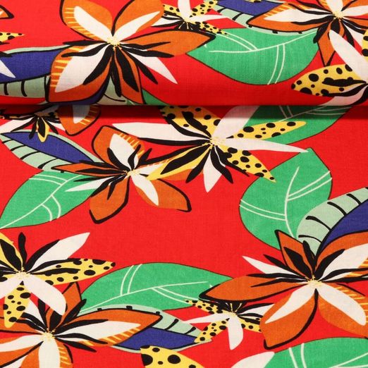 Viscose - Stretch Grandes fleurs avec feuilles Rouge