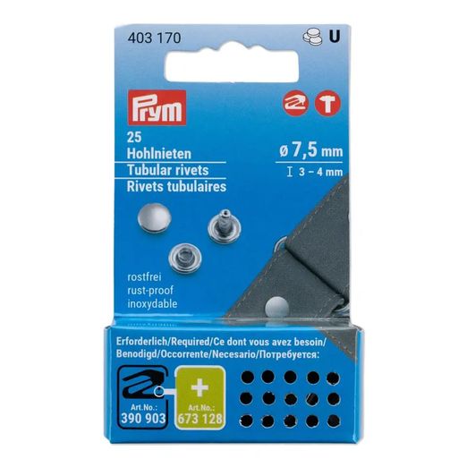 PRYM Hohlnieten - 3 - 4mm Höhe - 7,5mm Ø - silberfarbig