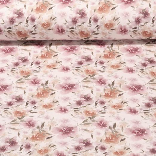 Toile de coton canevas - Impression digitale Fleurs aqaurelles Aspect lin Ecru