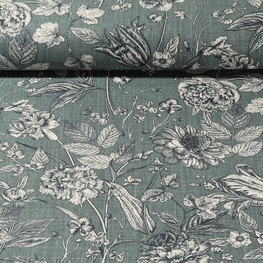 Toile de coton canevas - Fleurs des champs Menthe Aspect lin