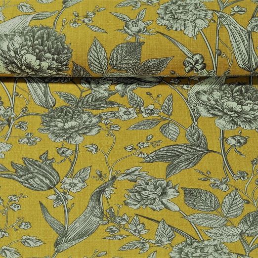 Toile de coton canevas - Fleurs des champs Jaune moutarde Aspect lin