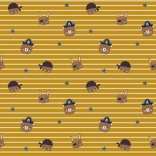 Baumwolle Piratentiere auf Streifen Senfgelb Baumwolle Piratentiere auf Streifen Senfgelb