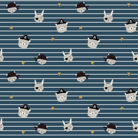 Baumwolle Piratentiere auf Streifen Jeansblau Baumwolle Piratentiere auf Streifen Jeansblau