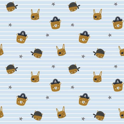 Baumwolle Piratentiere auf Streifen Hellblau Baumwolle Piratentiere auf Streifen Hellblau