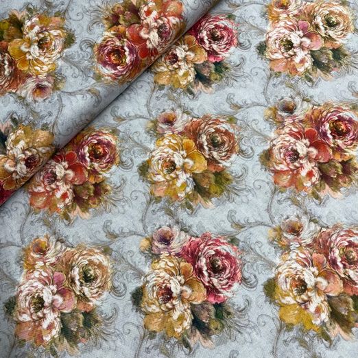Trachten Baumwolle Serie Damascena Großer Blumenstrauß auf Hellgrau