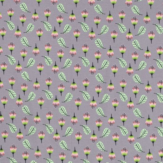 Jersey Kaktusblüten & Blätter auf Grau Jersey Kaktusblüten & Blätter auf Grau
