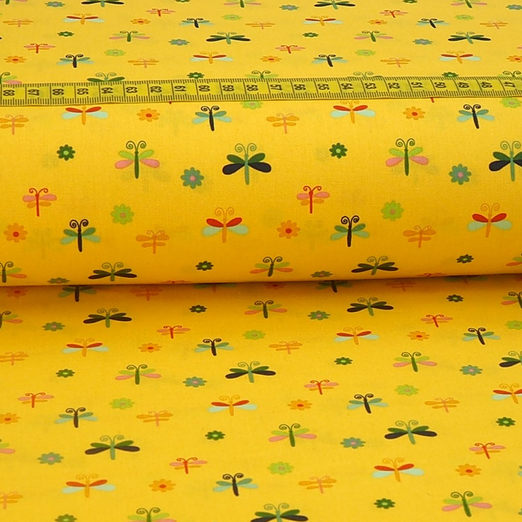 Baumwolle Libellen & Blumen Sonnengelb