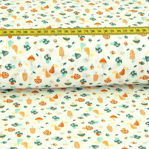 Baumwolle Fliegenpilz & Birne mit Petrol auf Cremeweiß