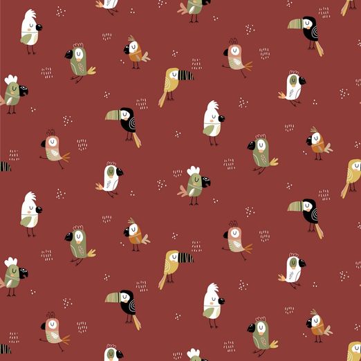 Baumwolle Tukan & Friends auf Dunkelrot Baumwolle Tukan & Friends auf Dunkelrot