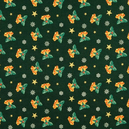 Baumwolle Golddruck Christmas Weihnachtsglocken auf Dunkelgrün