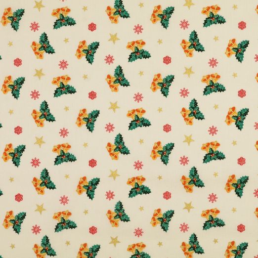 Baumwolle Golddruck Christmas Weihnachtsglocken auf Creme