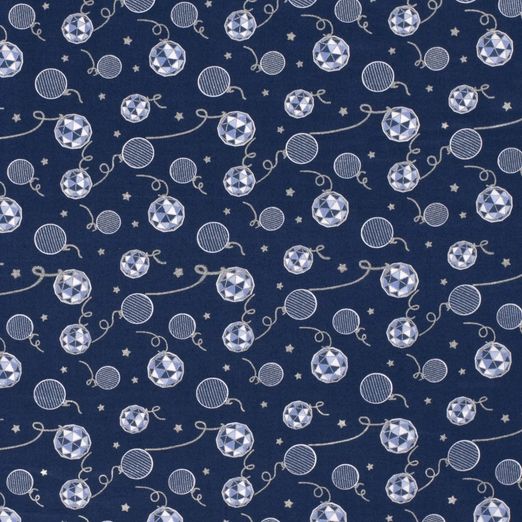 Baumwolle WEIHNACHTEN Foliendruck Silberne Christbaumkugeln auf Dunkelblau Baumwolle WEIHNACHTEN Foliendruck Silberne Christbaumkugeln auf Dunkelblau
