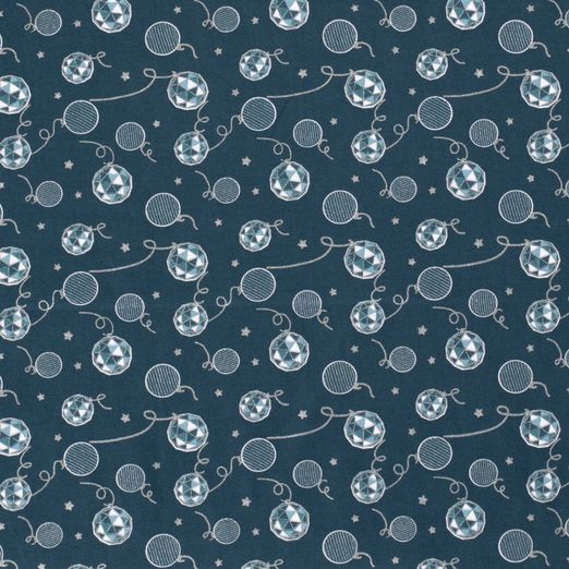 Baumwolle WEIHNACHTEN Foliendruck Silberne Christbaumkugeln auf Petrol