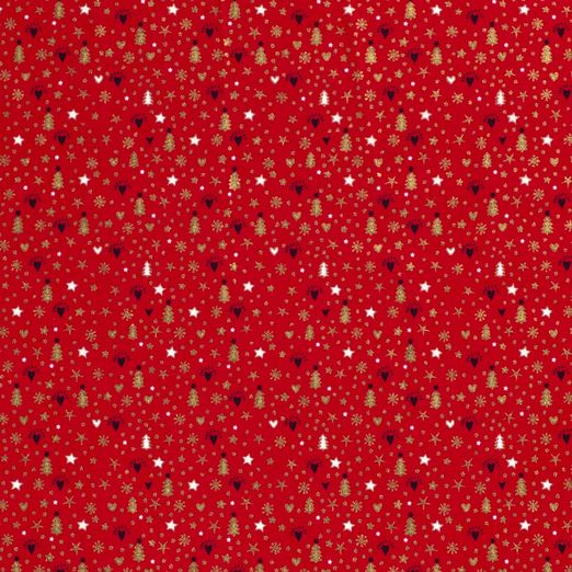 Baumwolle WEIHNACHTEN Golddruck Kleine Tannenbäumchen & Herzen auf Rot