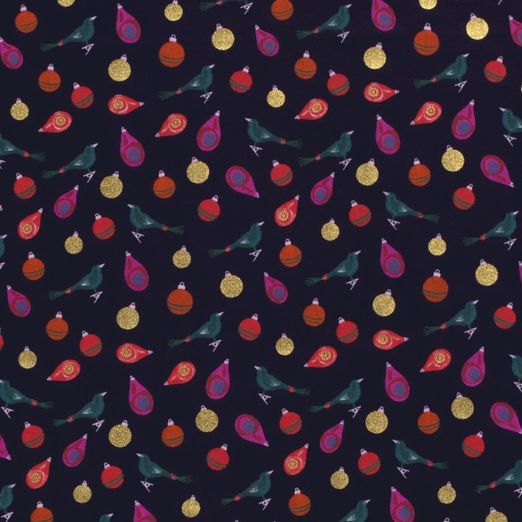 Baumwolle WEIHNACHTEN Foliendruck Vögelchen und Christbaumkugeln auf Dunkelblau Baumwolle WEIHNACHTEN Foliendruck Vögelchen und Christbaumkugeln auf Dunkelblau