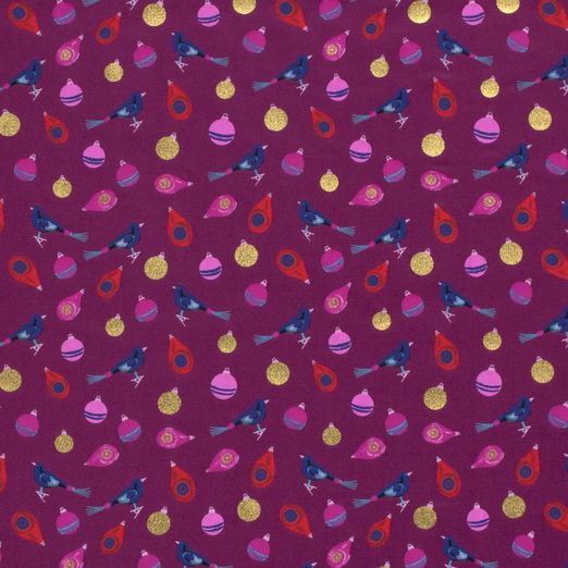 Baumwolle WEIHNACHTEN Foliendruck Vögelchen und Christbaumkugeln auf Fuchsia Baumwolle WEIHNACHTEN Foliendruck Vögelchen und Christbaumkugeln auf Fuchsia