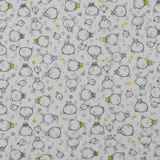 Feinstrickjersey Ajour Pointoille Häschen, Bärchen & Vögelchen auf Weiß Feinstrickjersey Ajour Pointoille Häschen, Bärchen & Vögelchen auf Weiß