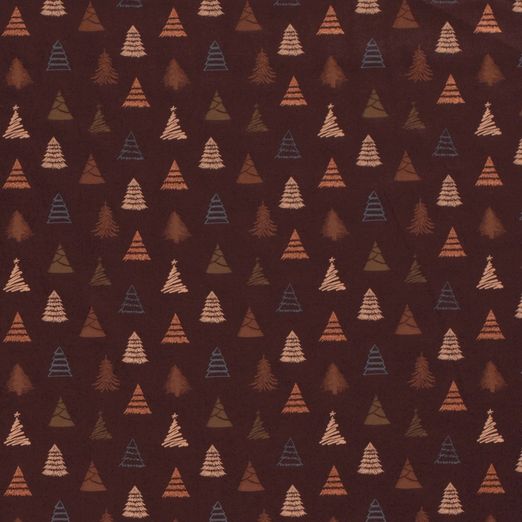 Baumwolle WEIHNACHTEN Foliendruck Tannenbäume auf Rotbraun Baumwolle WEIHNACHTEN Foliendruck Tannenbäume auf Rotbraun