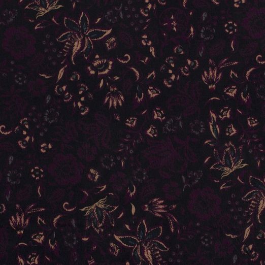 Bekleidungsstoff Viskose - Satinstoff Blumenranken Aubergine auf Schwarz Digital