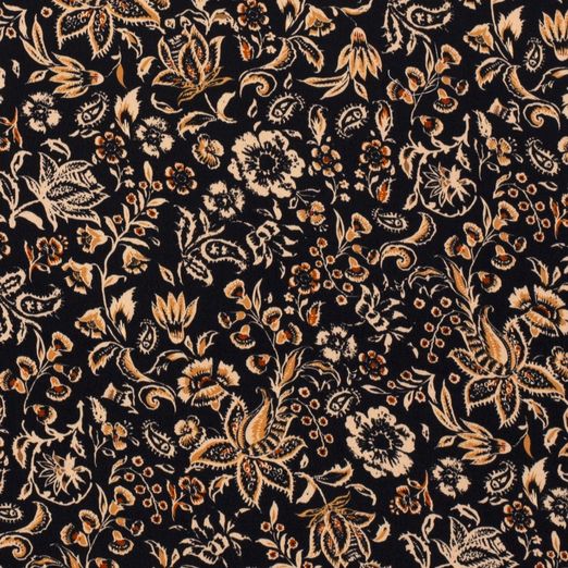 Bekleidungsstoff Viskose - Satinstoff Blumenranken Beige auf Schwarz Digital