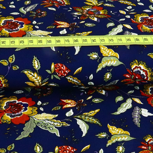 Viskose Blusenstoff Blumen Bunt auf Dunkelblau