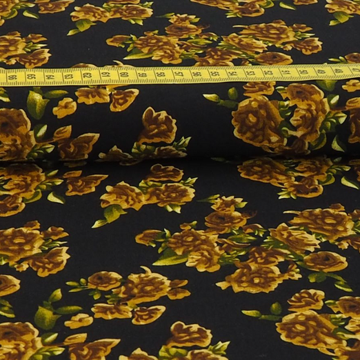 Viskose Blusenstoff Flowers Senfgelb auf Schwarz