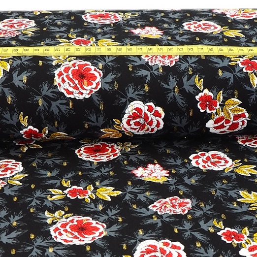 Bekleidungsstoff Viskose Radiance Blütenköpfe auf Schwarz GLITZER