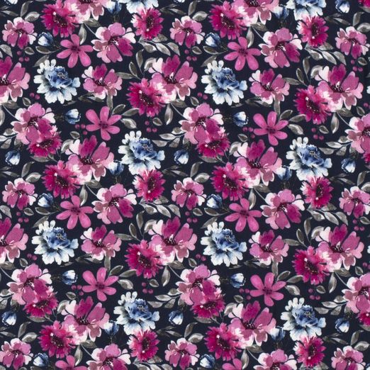 Bekleidungsstoff Viskose Blumen Lene auf Dunkelblau