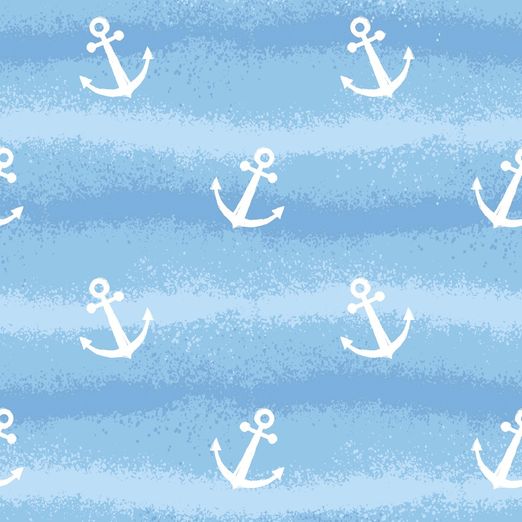 Sommersweat Weiße Anker auf Streifen Hellblau