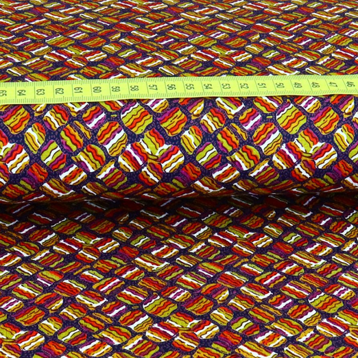 Viskose Jersey Retro Lines Muster Dunkelblau mit Fuchsia/Senfgelb Viskose Jersey Retro Lines Muster Dunkelblau mit Fuchsia/Senfgelb