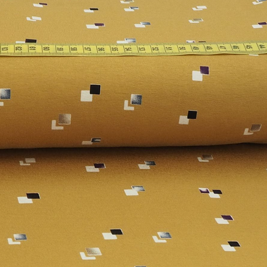 Viskose Jersey Geo Quadrate auf Senfgelb Viskose Jersey Geo Quadrate auf Senfgelb