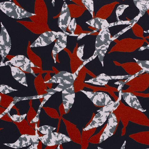 Viskose Jersey Äste Grau/Blutorange auf Dunkelblau Viskose Jersey Äste Grau/Blutorange auf Dunkelblau