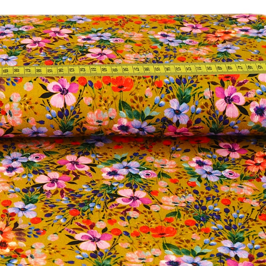Viskose Jersey Coloured Flowers auf Senfgelb Digital Viskose Jersey Coloured Flowers auf Senfgelb Digital