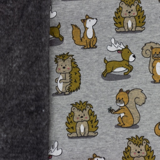 Alpenfleece Waldtiere auf Grau Meliert Alpenfleece Waldtiere auf Grau Meliert