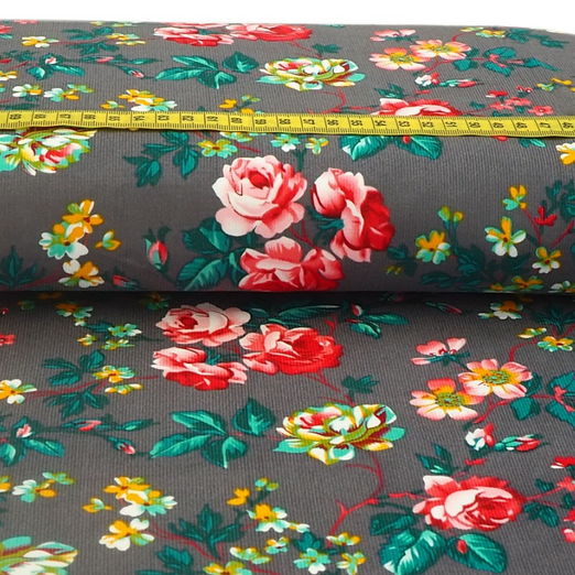 Feincord Große Blumen Grau