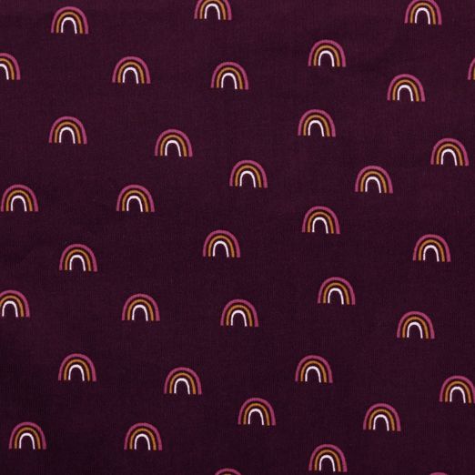 Feincord Regenbögen auf Aubergine Feincord Regenbögen auf Aubergine